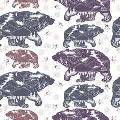 Bear double exposure. Seamless pattern. Packing old paper, scrapbooking style. Vintage background. Medieval manuscript, engraving art. Tourism symbol, adventure, great outdoor. Grizzly silhouette