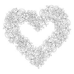 Doodle floral wreath in the shape of a heart in black and white. Monochrome vector sketches with hand drawn flowers in folk style. Page for coloring book: very relaxing job for children and adults