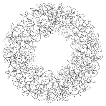 Monochrome vector doodle floral wreath with hand drawn flowers in folk style. Page for coloring book: very interesting and relaxing job for children and adults