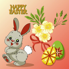 Easter greeting card with rabbit, eggs and flowers