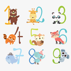 Set of funny numbers with cartoon animals.