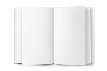 Blank opened book mockup, top view, isolated on white