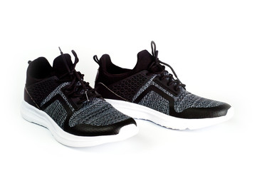 Men's sports shoes gray sneakers shot large on a white background. Sport shoes. Comfort.