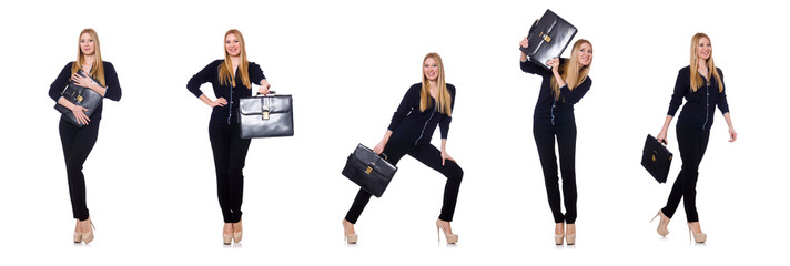 Tall young woman in black clothing with handbag isolated on whit