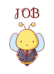 Cute bee cartoon kawaii job flat hand drawn isolated on white background print