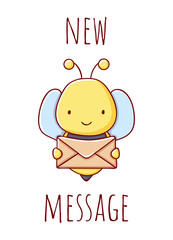 Cute bee cartoon kawaii new message flat hand drawn isolated on white background print