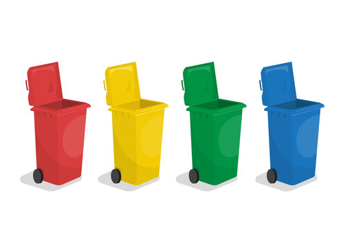 Set of mutiple colors plastic garbage trash can with wheel, red, yellow, green, blue colors, wheelie bins, vector ilustration isolated on white background