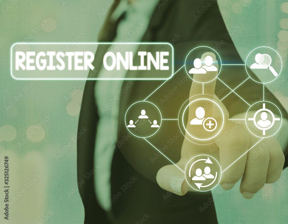 Poster text sign showing register online. business photo text system for subscribing or registering via the