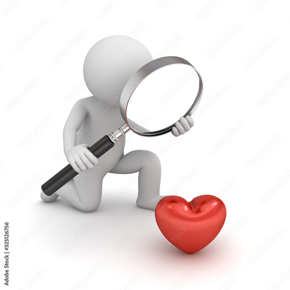 Poster 3d man looking for love concept isolated on white background with shadow 3D rendering