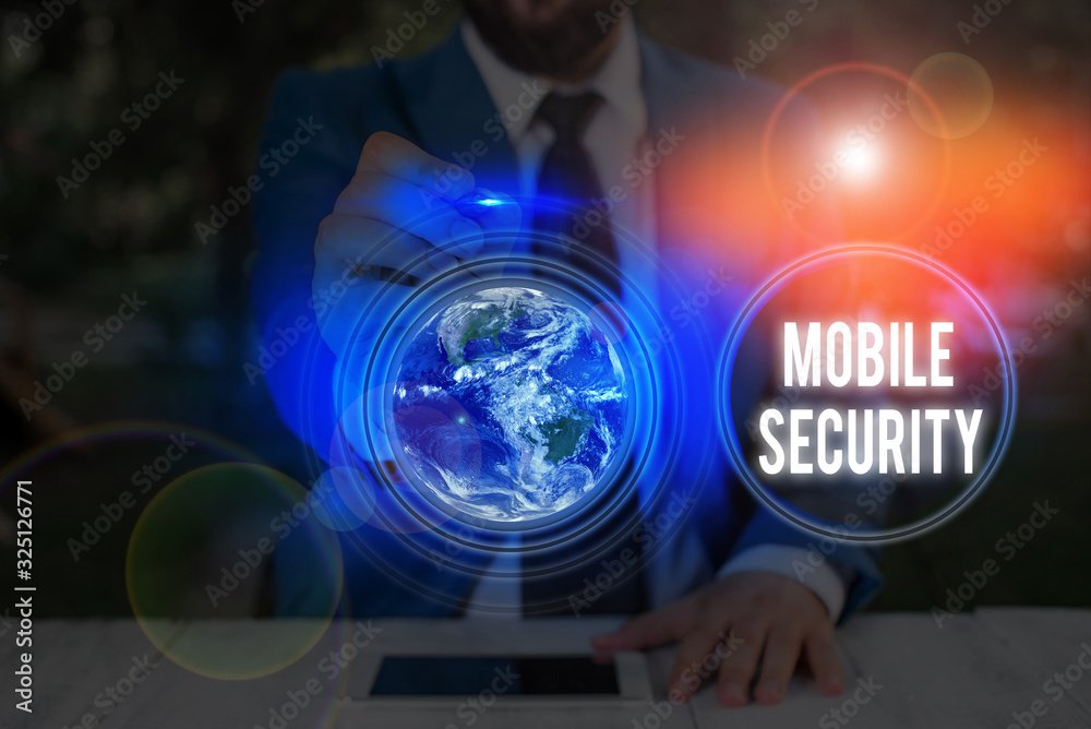 Poster writing note showing mobile security. business concept for efforts to secure data on mobile devices 