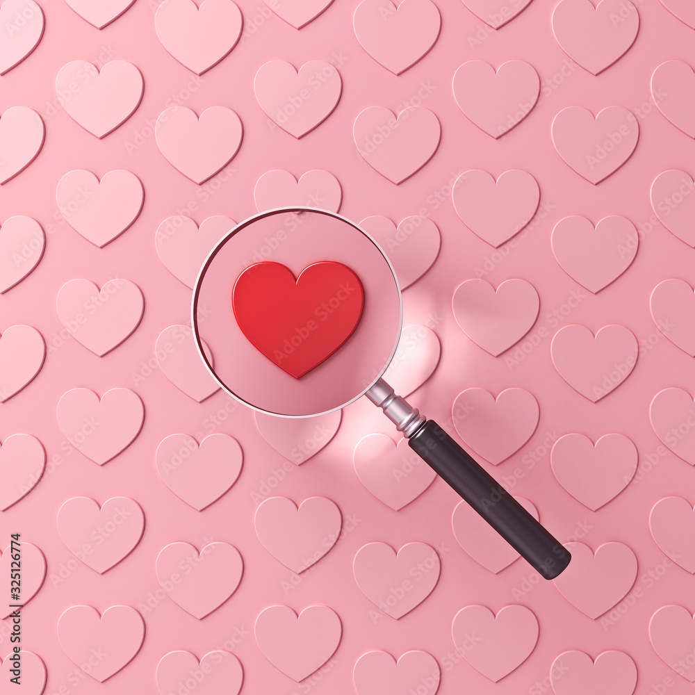 Aufkleber magnifying glass focusing on red heart among other pink hearts isolated on pink pastel color backgro