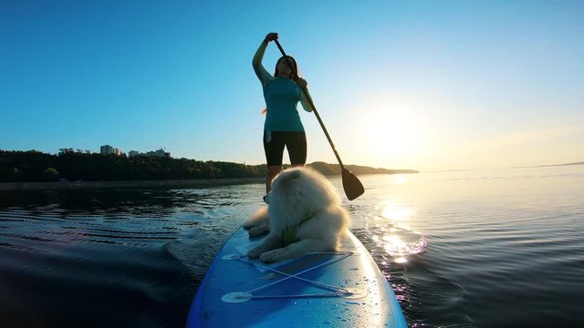 Front view of a lady and her dog riding a paddleboard