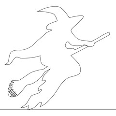 One continuous drawn single line of a witch halloween with a broom.