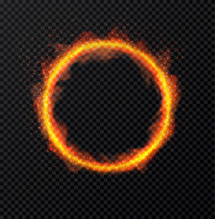 Ring of fire flame on transparent background. Round fiery frame. Vector Illustration