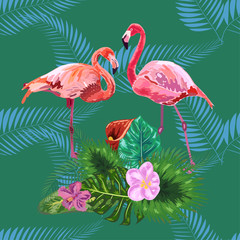 Seamless graphic pattern of flamingos in love among the trees