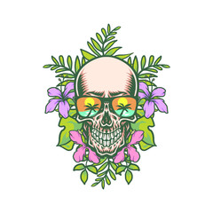 Skull and exotic tropical flowers, hand drawn line with digital color, vector illustration
