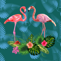 Seamless graphic pattern of flamingos in love among the trees