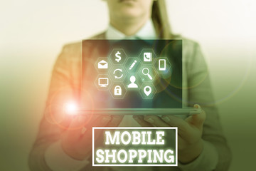 Conceptual hand writing showing Mobile Shopping. Concept meaning trading of goods and services...