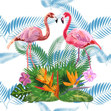 Pink flamingos, tropical flowers and jungle leaves, hibiscus, pink lotus. Beautiful seamless floral jungle pattern background © MichiruKayo