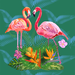 Pink flamingos, tropical flowers and jungle leaves, hibiscus, pink lotus. Beautiful seamless floral jungle pattern background
