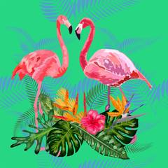 Pink flamingos, tropical flowers and jungle leaves, hibiscus, pink lotus.