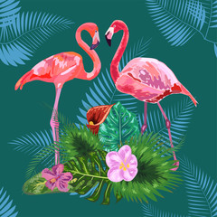 Obraz premium Pink flamingos, tropical flowers and jungle leaves, hibiscus, pink lotus. Beautiful seamless floral jungle pattern background