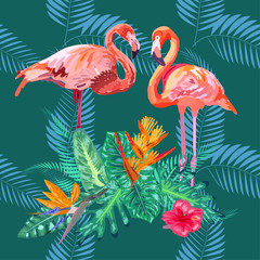 Obraz premium Pink flamingos, tropical flowers and jungle leaves, hibiscus, pink lotus. Beautiful seamless floral jungle pattern background
