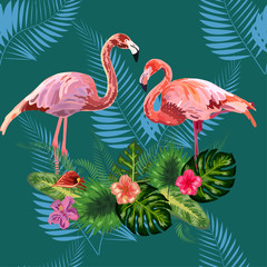 Pink flamingos, tropical flowers and jungle leaves, hibiscus, pink lotus.