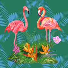 Pink flamingos, tropical flowers and jungle leaves, hibiscus, pink lotus. Beautiful seamless floral jungle pattern background