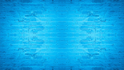 Blue damaged rustic brick wall texture background, colorful trend color