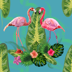 Pink flamingos, tropical flowers and jungle leaves, hibiscus, pink lotus.