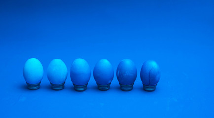 Monochromatic classic blue easter concept. dyed easter eggs