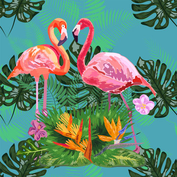 Pink flamingos, tropical flowers and jungle leaves, hibiscus, pink lotus.