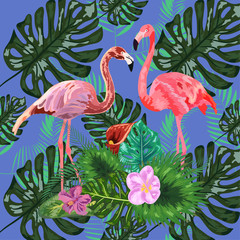 Tropical trendy seamless pattern with pink flamingos and mint green palm leaves.