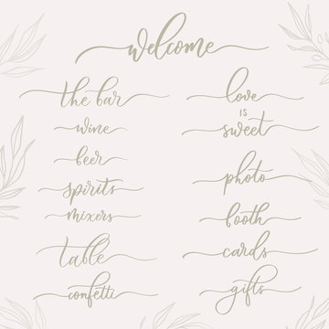 Wedding calligraphic inscriptions -  welcome, the bar, table, cards, gifts, photo, booth.