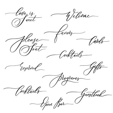 Wedding calligraphic inscriptions -  welcome,open bar, please seat, reserved, gifts, cards, programs.