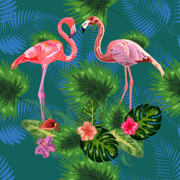 Beautiful seamless floral pattern background with pink flamingos, tropical flowers. Abstract geometric texture