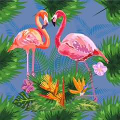 Tropical trendy seamless pattern with pink flamingos and mint green palm leaves.