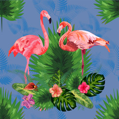 Obraz premium Beautiful seamless floral pattern background with pink flamingos, tropical flowers. Abstract geometric texture