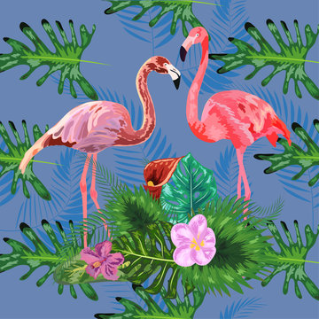 Tropical trendy seamless pattern with pink flamingos and mint green palm leaves. © MichiruKayo