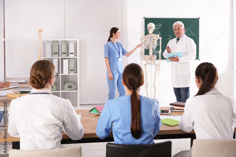 Wall mural Medical students and professor studying human skeleton anatomy in classroom