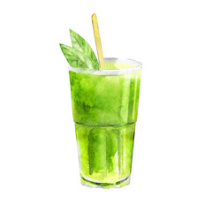 Watercolor illustration of matcha latte.