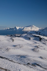 View to winter scenery of beautiful Lofoten islands located in northern Norway.  Place where ocean meets mountains. Touristic place near by Kvalvika beach. Perfect for outdoor activities.