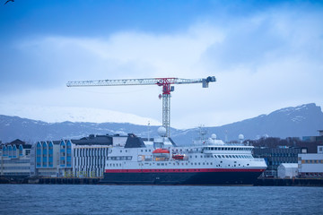Fototapeta premium Coastal passenger ship at quay in Brønnøysund, Northern Norway