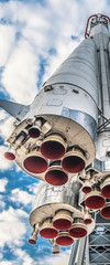 The world's first manned space rocket "Vostok" at an exhibition in Moscow city, Russia 2019-10-05.