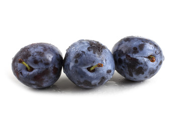 Black plums isolated on white