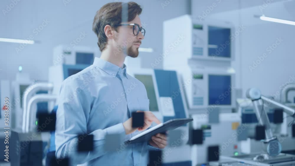 Fototapete 
Modern Factory: Industrial Engineer Standing in Facility Workshop, Using Digital Computer, Inspecting and Monitoring Assembly Line Fucntioning. Functional Manufactory with CNC Machinery