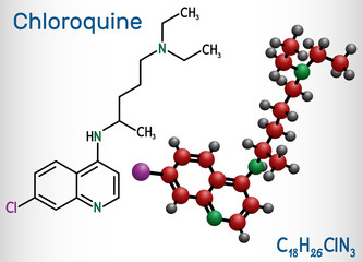 Chloroquine, chloraquine, aminoquinoline, C18H26ClN3 molecule. It is used for the treatment of malaria, hepatic amoebiasis, lupus erythematosus, rheumatoid arthritis, 2019-ncov. 