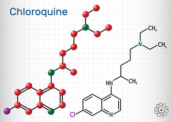 Chloroquine, chloraquine, aminoquinoline, C18H26ClN3 molecule. It is used for the treatment of malaria, hepatic amoebiasis, lupus erythematosus, rheumatoid arthritis, 2019-ncov. Sheet of paper in cage