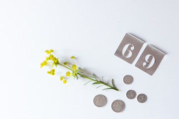Antique silver coins and numbers in white background